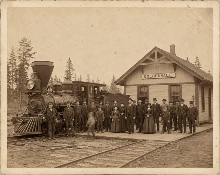 Steam locomotive and townspeople posed at the new Goldenvale depot, 1893