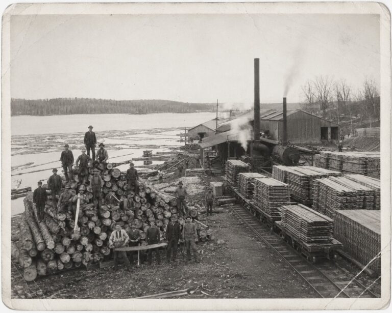 Steam sawmill, log booms and lumber stacks on the lakeshore, circa 1900