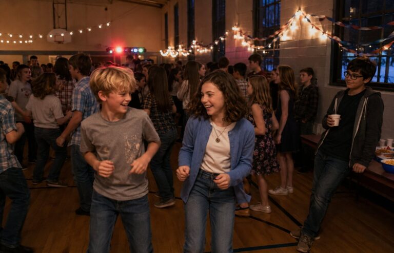Students dancing in the school gym under string lights and paper streamers, snack table at the side, snow visible through the windows