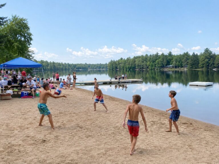 A crowded summer day at the town beach: canopy and picnic tables, kids playing ball, swimmers on the dock