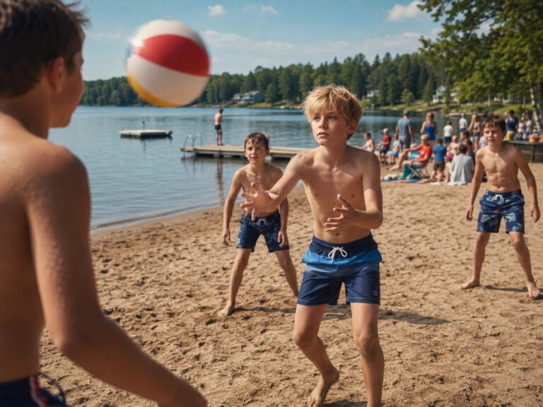 Boys playing with a beach ball on the sand at the swim beach, the dock and raft behind