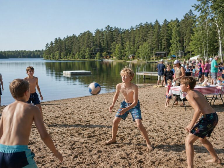 A summer evening potluck at the town beach, kids playing ball in the sand, picnic tables with checked tablecloths