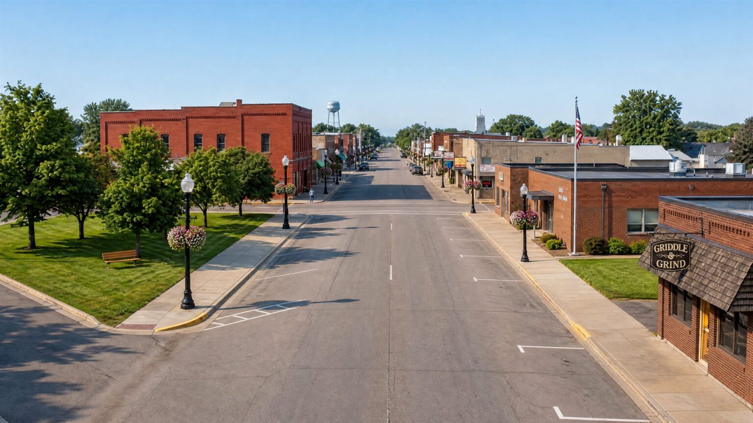 S Main Street in Goldenvale on a summer morning, brick storefronts and the water tower on the horizon