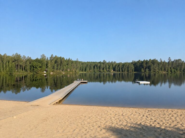 The public beach on Glowmere Lake: sand, the wooden dock with kids sitting at the end, the swimming raft offshore, forest around the far shore