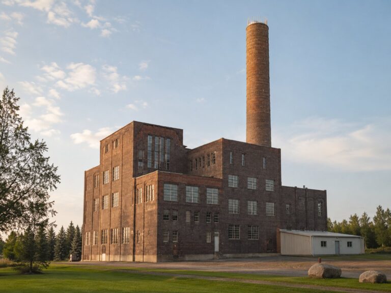 The four-storey dark-brick Power Station with its tall smokestack, seen across mown ground in evening light