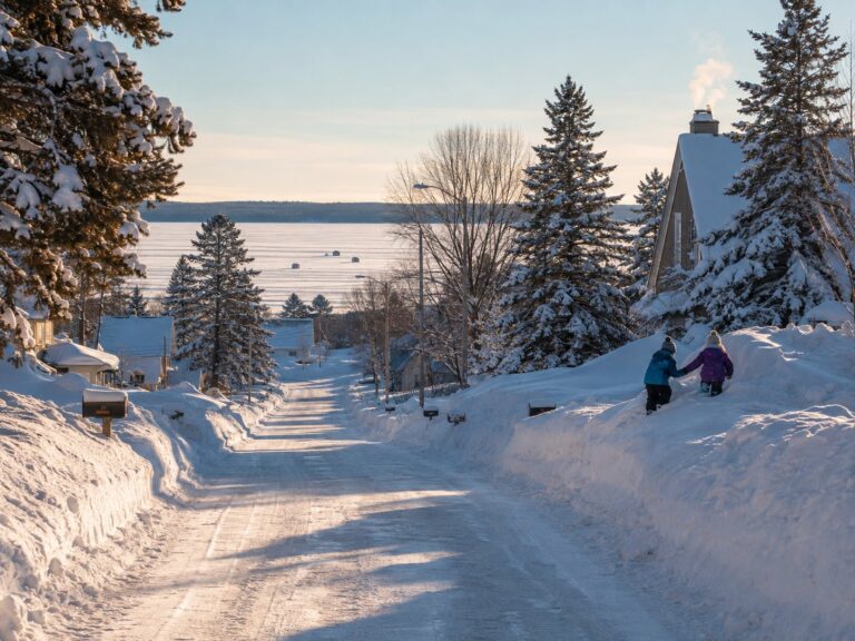 A plowed residential street in deep winter, snowbanks above the mailboxes, two kids climbing a bank, the frozen lake and ice houses at the end of the street