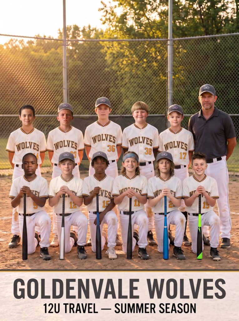 Goldenvale Wolves 12U team photo with Coach Merritt, summer season